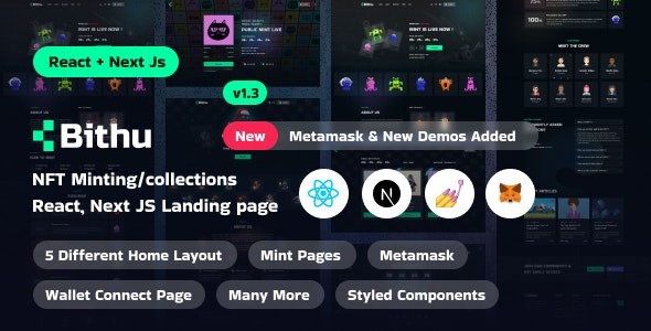 Bithu (v.1.2)– NFT Minting/Collection React, Next JS Landing Page Template