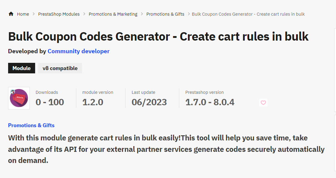 Bulk Coupon Codes Generator v1.2.0 Prestashop v1.7 - v8.0.x