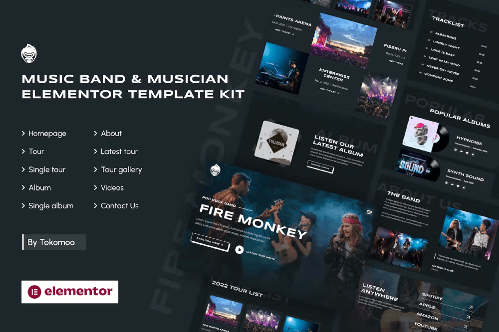 Fire Monkey - Music Band & Musician Elementor Template Kit