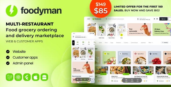 Foodyman v2024-22 Multi-Restaurant Food and Grocery Ordering and Delivery Marketplace (Web & Customer Apps)