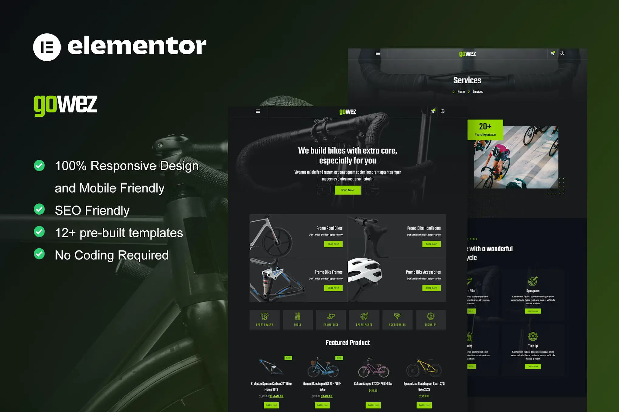Gowez - WooCommerce自行车商店和自行车服务Elementor模板套件