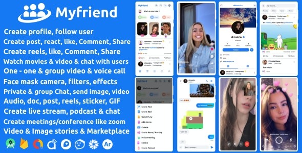 Myfriend v3.1 Friend Chat Post Tiktok Follow Radio Group ecommerce Zoom Live clone social network app