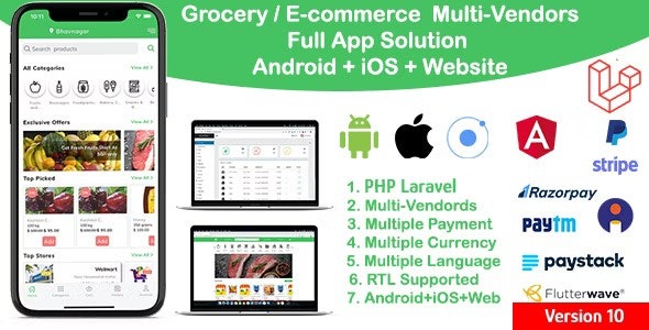 grocery / delivery services / ecommerce multi vendors (Android + iOS + Website) ionic 5 / CodeIgniter v12.0